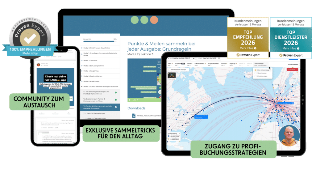 CleverPoints-Masterkurs: Kursbereich, Community und Buchungstools auf Laptop, Tablet und Smartphone, mit ProvenExpert-Auszeichnungen